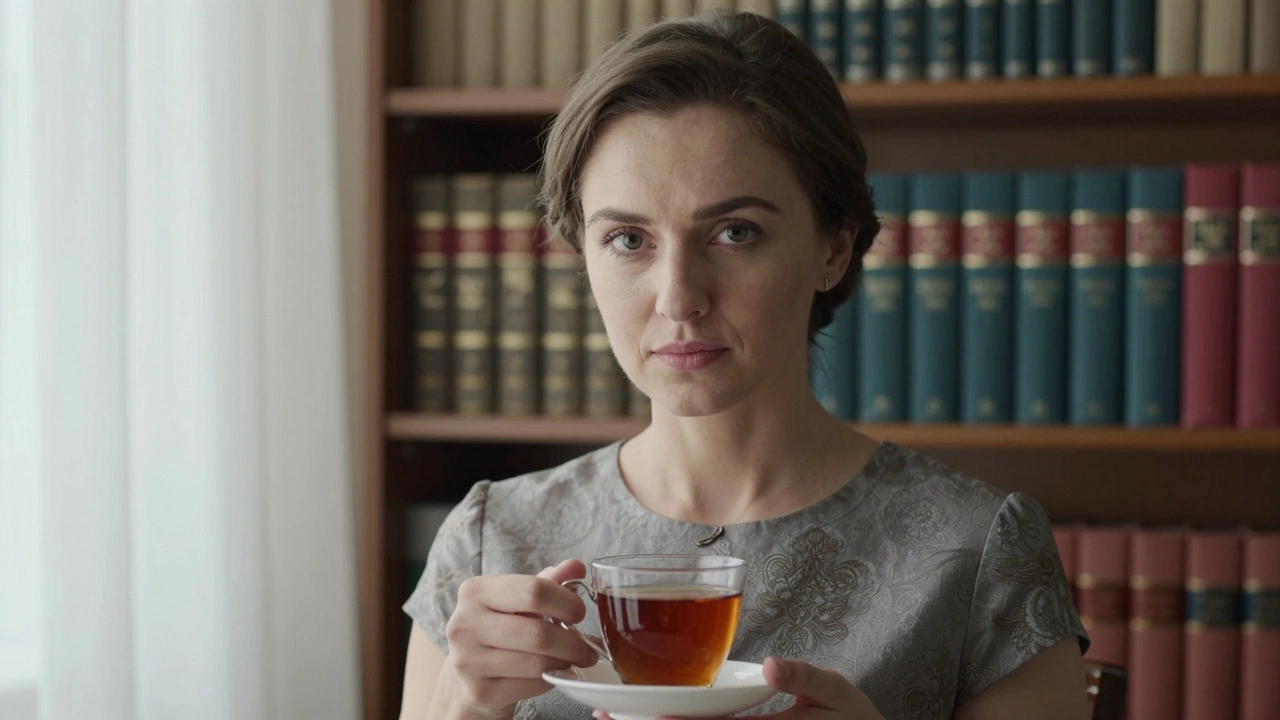 A Russian woman with intelligent eyes stands in a modest dress surrounded by books on law and literature.