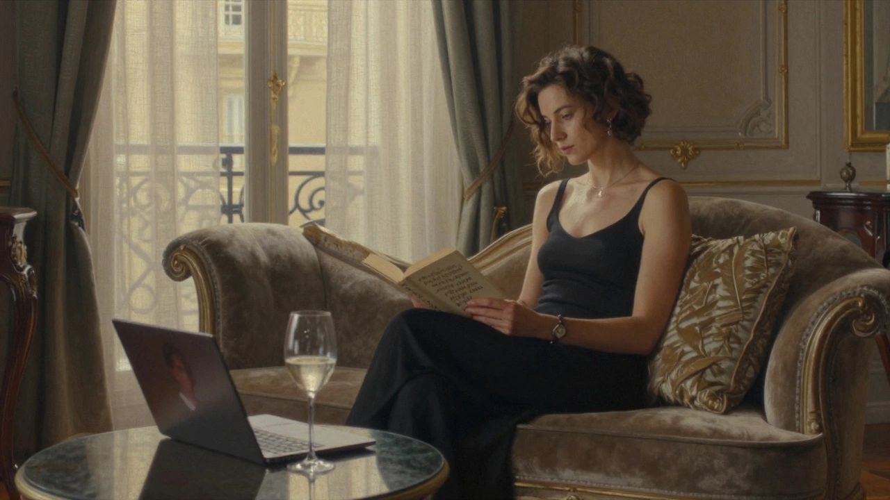 A woman reads poetry on a velvet chaise in a sunlit Montpellier apartment, wine glass nearby.