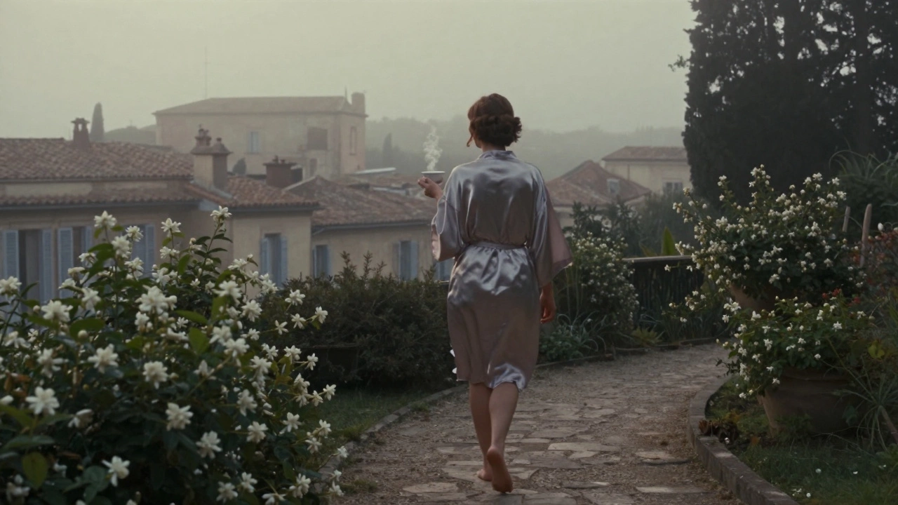 A woman walks barefoot in a misty garden villa at dawn, holding a teacup, jasmine blooming around her.