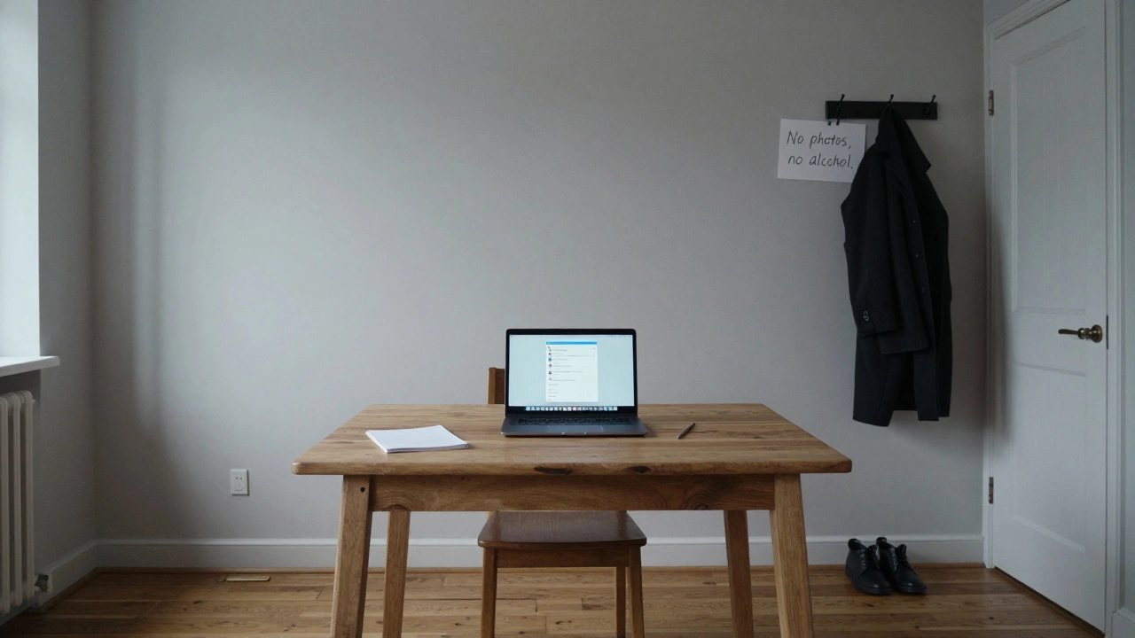An empty but carefully kept flat in East London, with a laptop and handwritten note indicating personal boundaries.