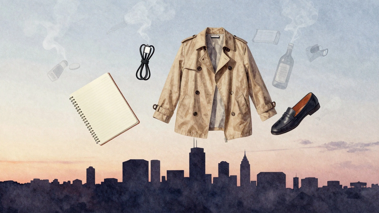 Minimalist travel items floating above city skyline, with discarded items dissolving into smoke.