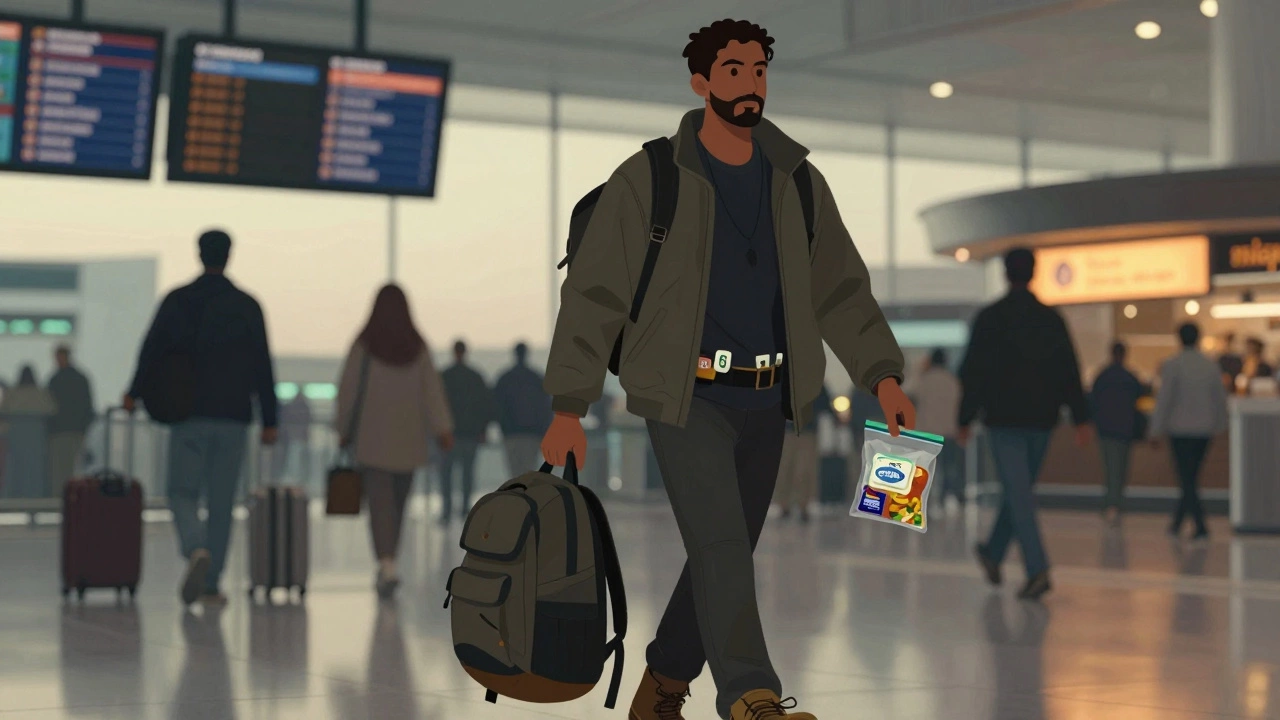 Traveler wearing jacket and boots, carrying backpack through busy Dubai airport at dawn.